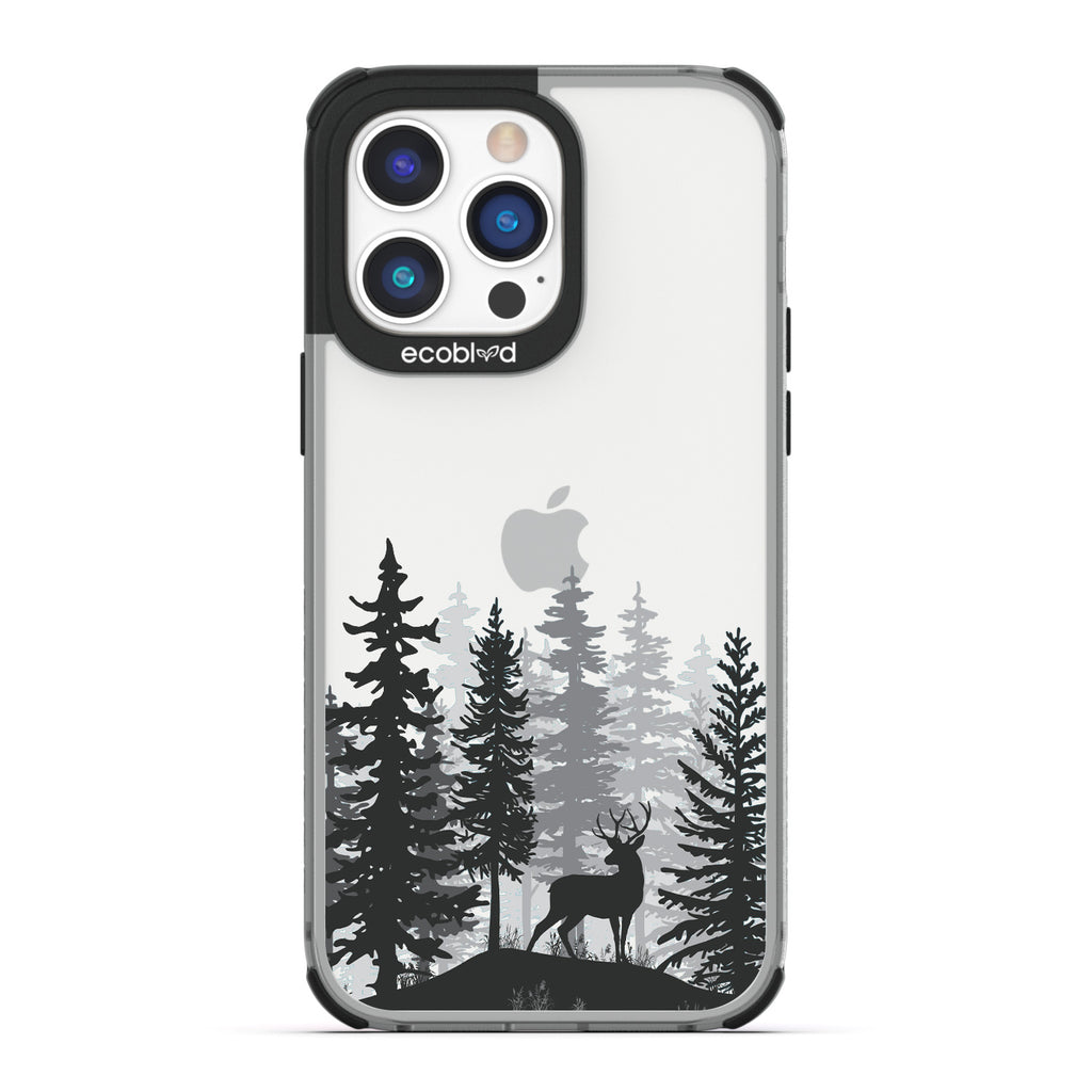 Winter Collection - Black Compostable iPhone 14 Pro Case - Wild Stag Standing On Boulder In The Woods On Clear Back