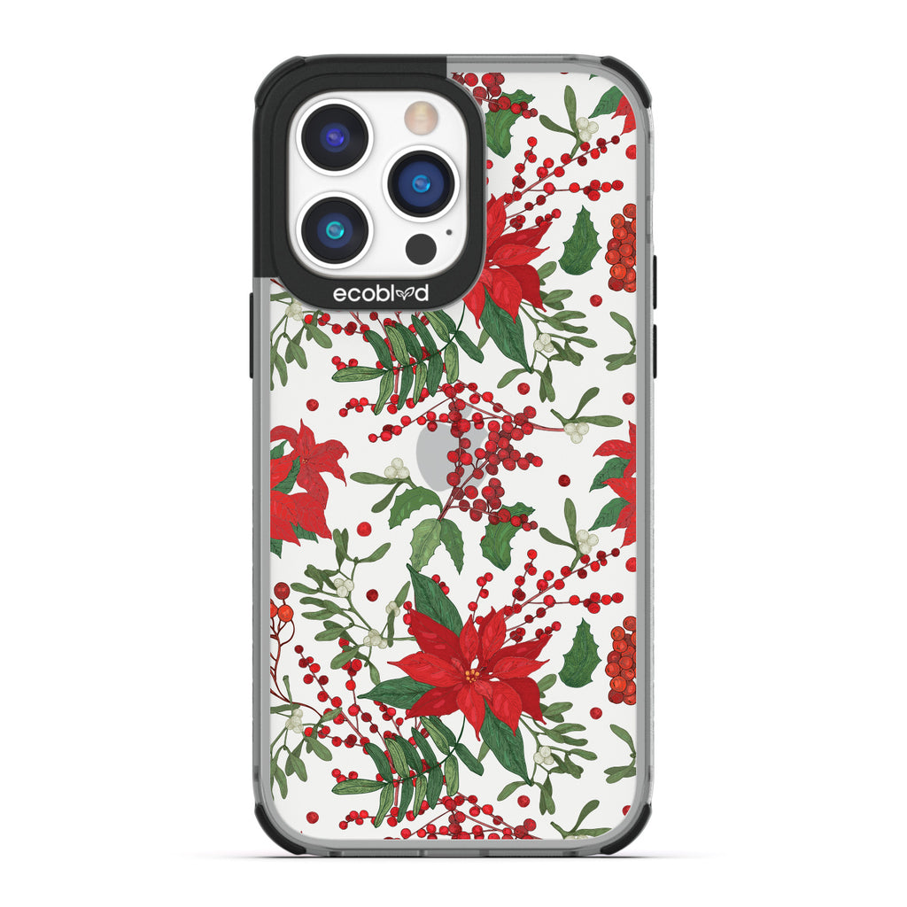 Winter Collection - Black Compostable iPhone 14 Pro Case - Illustrated Poinsettia Floral Print On Clear Back