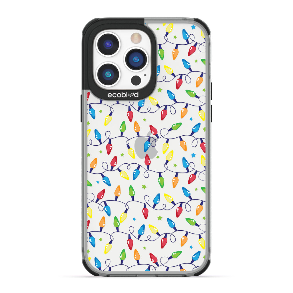 Winter Collection - Black Compostable Laguna iPhone 14 Pro Max Case With Multicolored Christmas Lights, Stars On A Clear Back