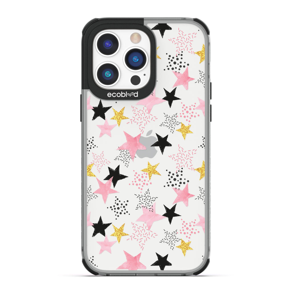 Winter Collection - Black Laguna iPhone 14 Pro Case With Pink, Black & Gold Stars Alternating Solid & Polka Dot Patterns 