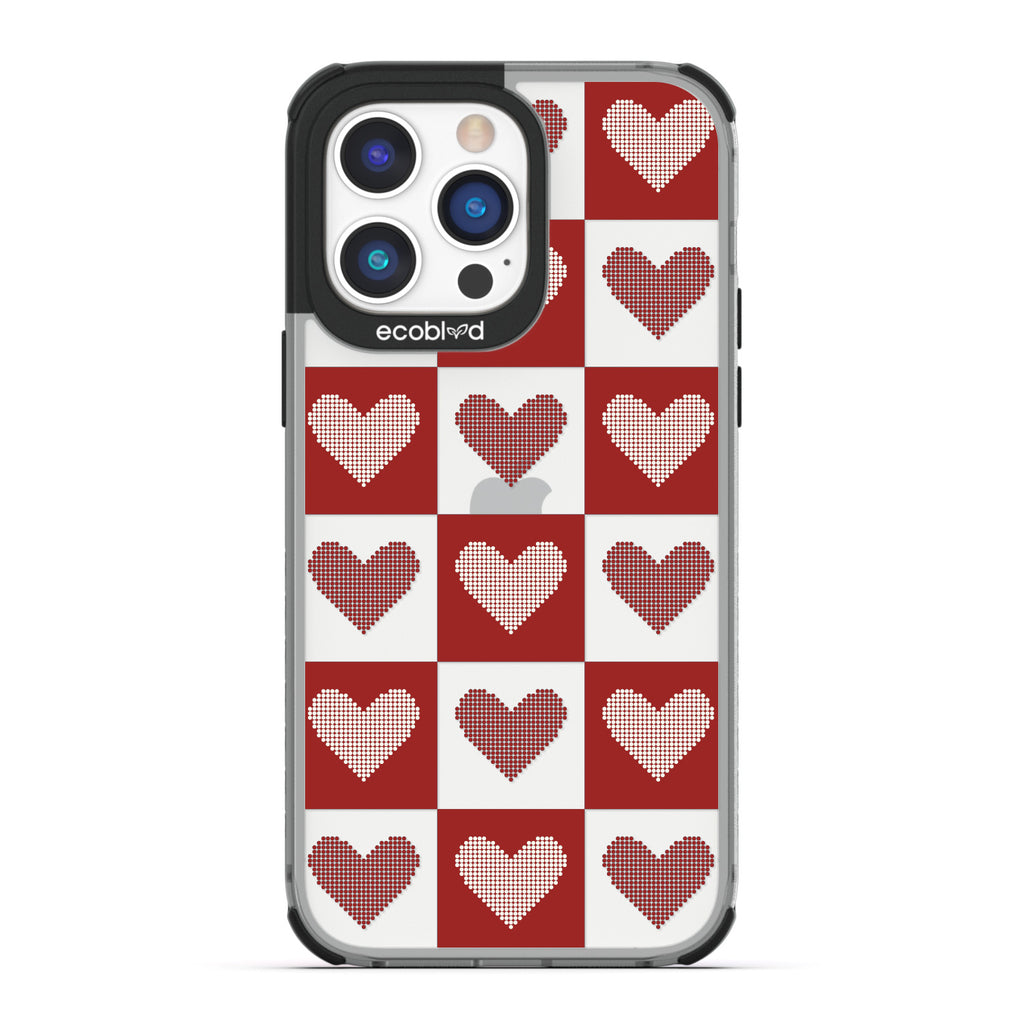 Love Collection - Black Compostable iPhone 14 Pro Case - Red Checkered Print With Knitted Hearts On A Clear Back
