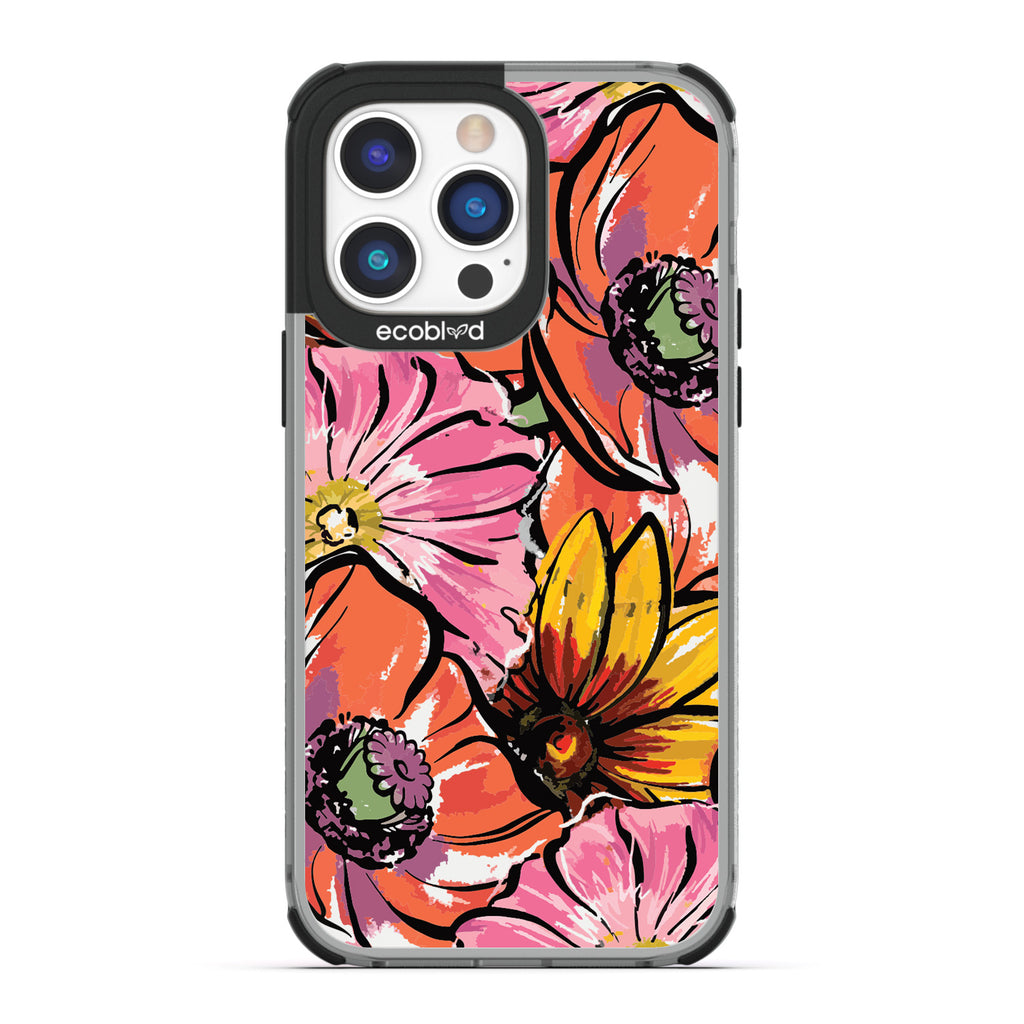 Spring Collection - Black Compostable iPhone 14 Pro Case - Watercolor Spring Flowers Painting On A Clear Back