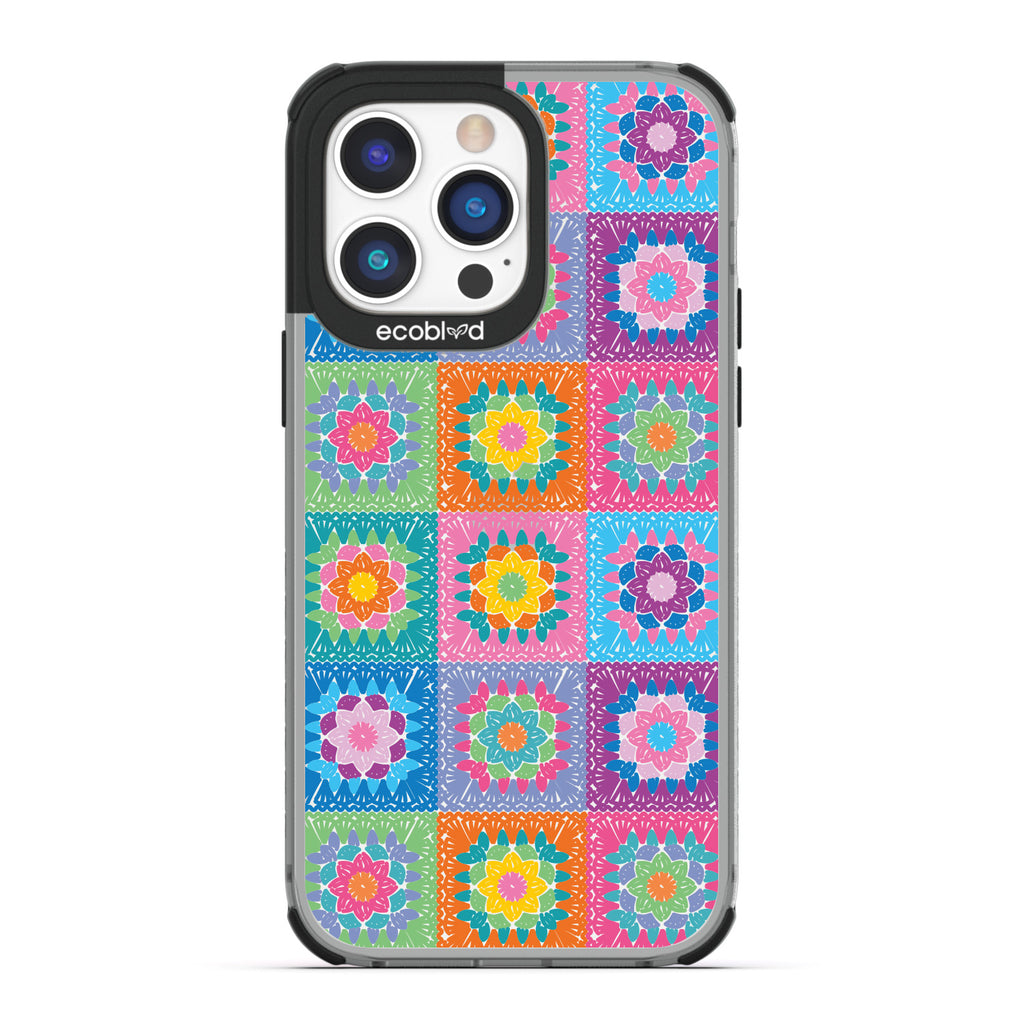 All Squared Away - Pastel Vintage Granny Squares Crochet - Eco-Friendly Clear iPhone 14 Pro Case With Black Rim 