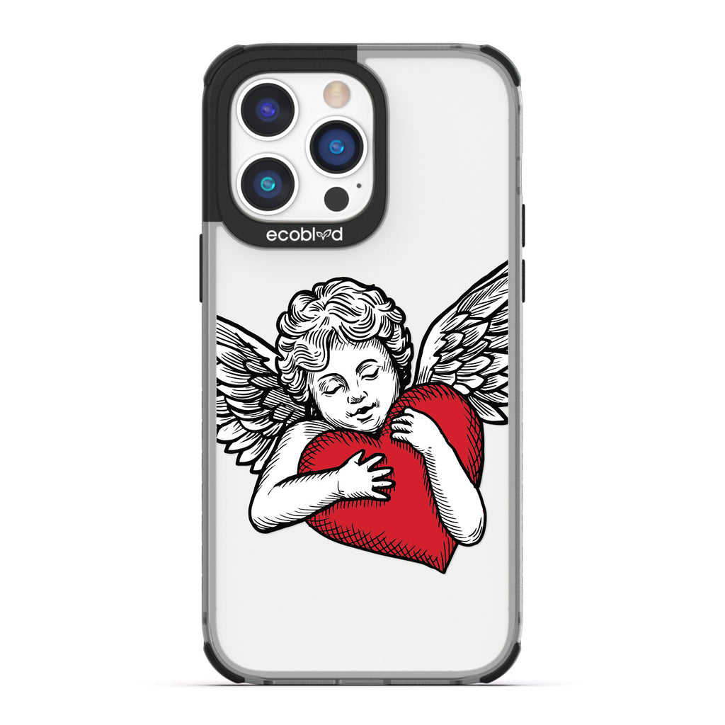 Love Collection - Black Compostable iPhone 14 Pro Case - Black & Grey Tattoo Style Cupid Holding Red Heart On A Clear Back