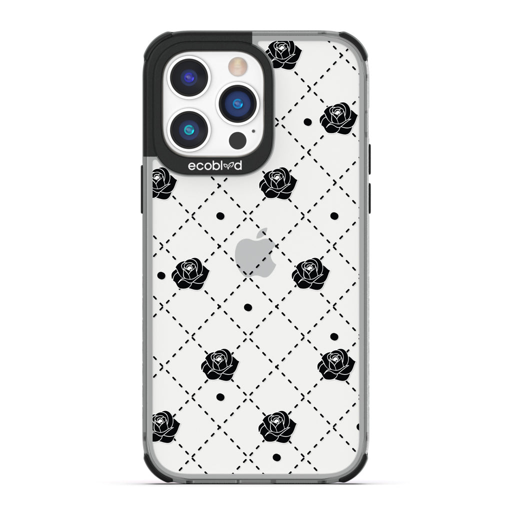 Love Collection - Black Compostable iPhone 14 Pro Max Case - Argyle Print, Black Dots & Black Roses On A Clear Back
