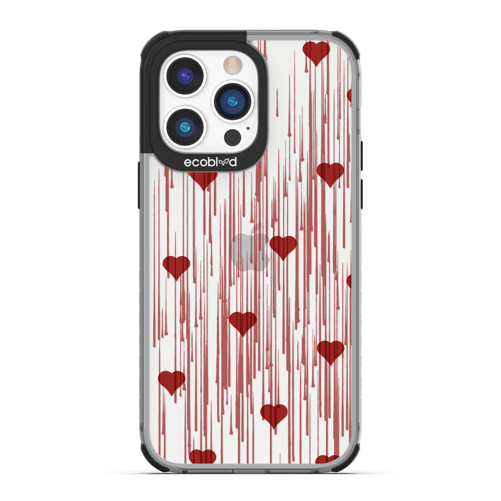 Bleeding Hearts - Black Compostable iPhone 14 Pro Max Case - Red Hearts With A Drip Art Style On A Clear Back