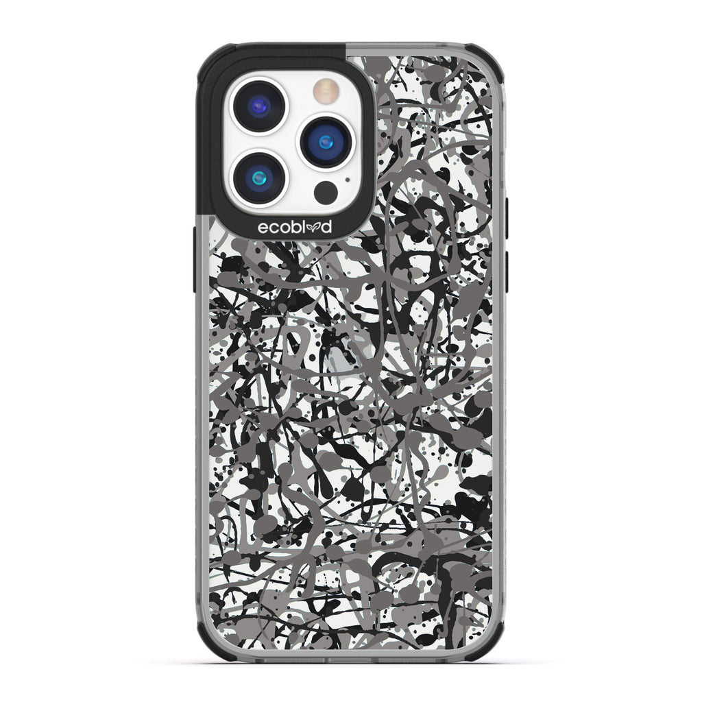 Contemporary Collection - Black Compostable iPhone 14 Pro Case - Abstract Pollock-Style Painting On A Clear Back