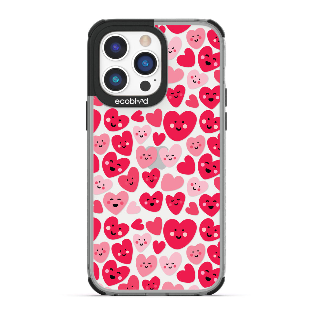 Love Collection - Black Compostable iPhone 14 Pro Case - Pink & Red Smiling Cartoon Hearts On A Clear Back