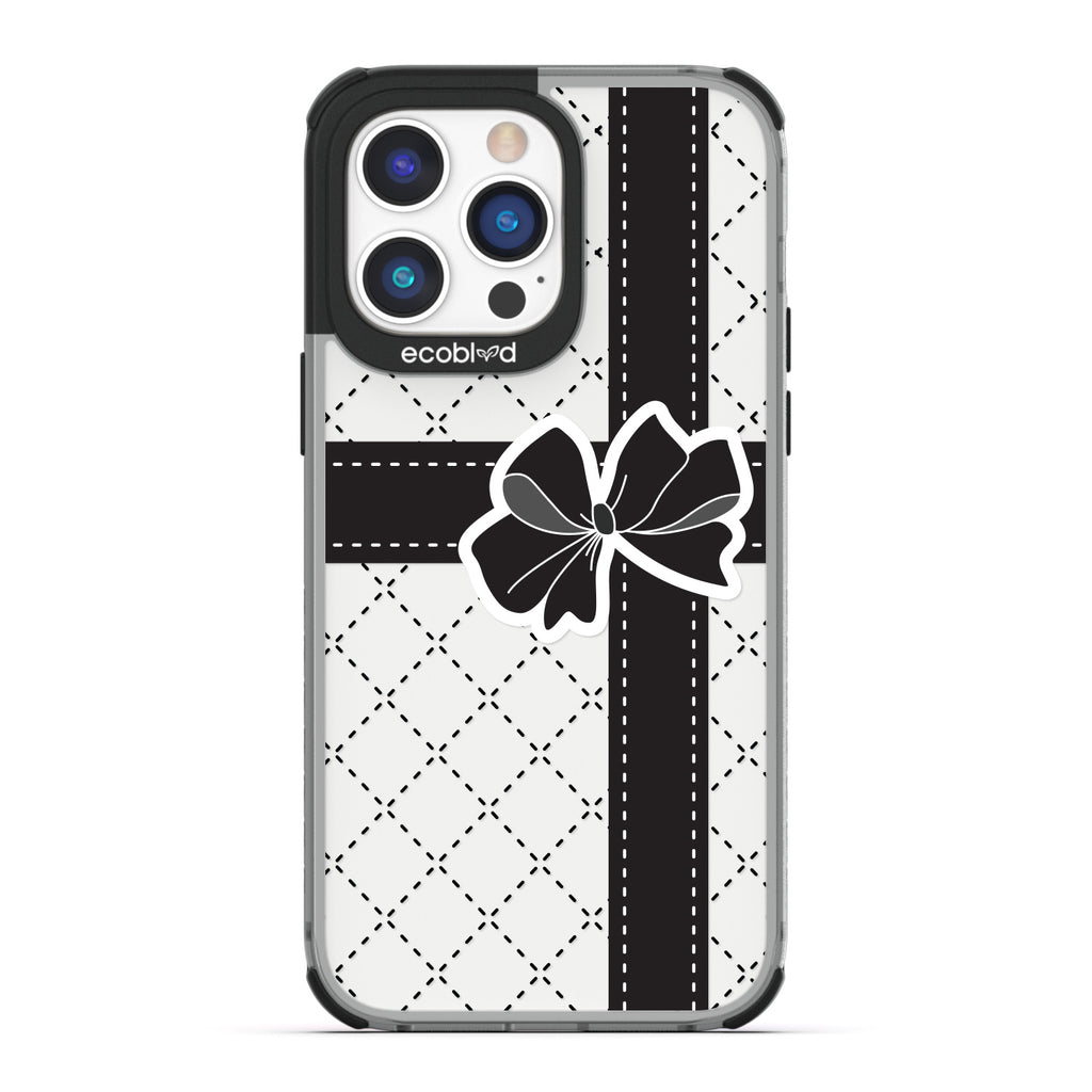 Love Collection - Black Compostable iPhone 14 Pro Case - Argyle Print Wrap With Black Ribbon & Black Bow On A Clear Back