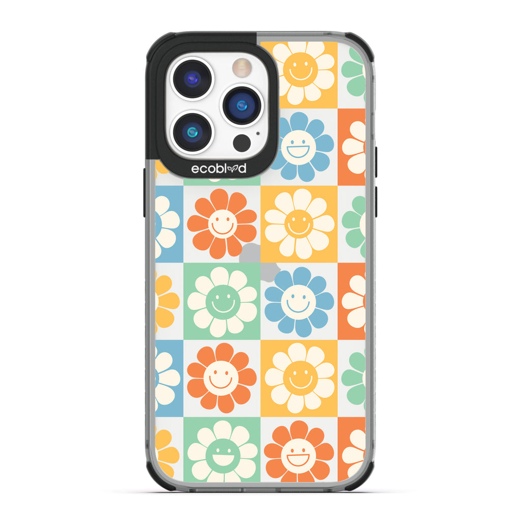 Spring Collection - Black Compostable iPhone 14 Pro Case - 70's Gingham Cartoon Flowers W/ Smiley Faces On Clear Back