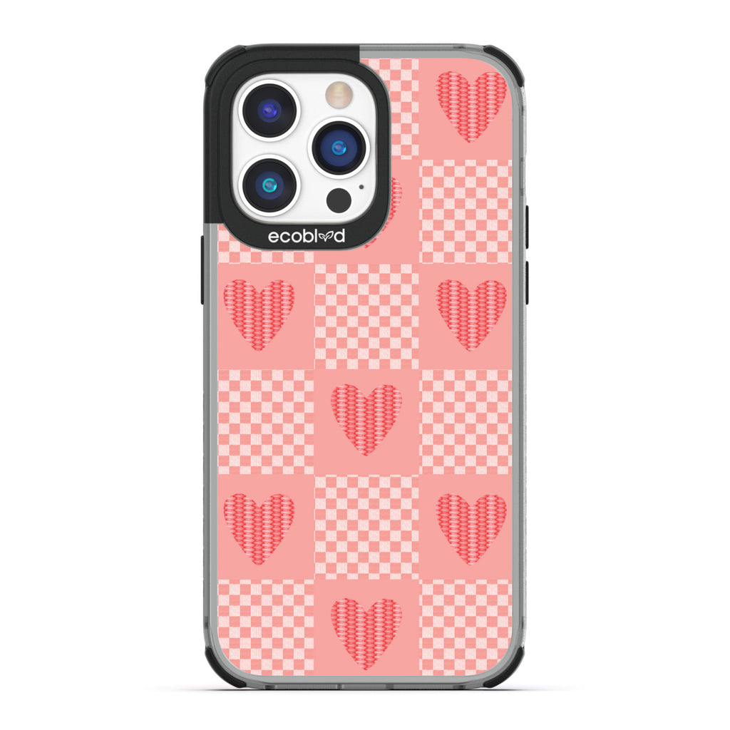 Love Collection - Black Compostable iPhone 14 Pro Max Case - Gingham Print Of Chevron Squares & Sewn Hearts On A Clear Back