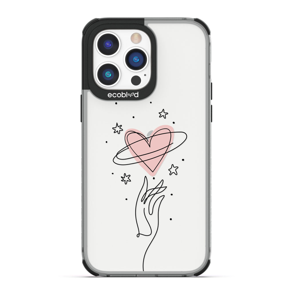 Be Still My Heart - Black Compostable iPhone 14 Pro Max Case - Line Art Hand Reaching Out For Pink Heart, Stars On Clear Back