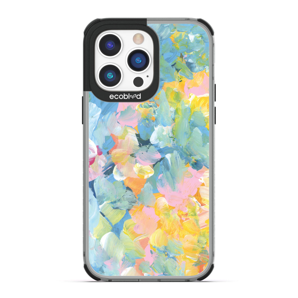 Spring Collection - Black Compostable iPhone 14 Pro Case - Pastel Acrylic Abstract Paint Smears & Blots On A Clear Back