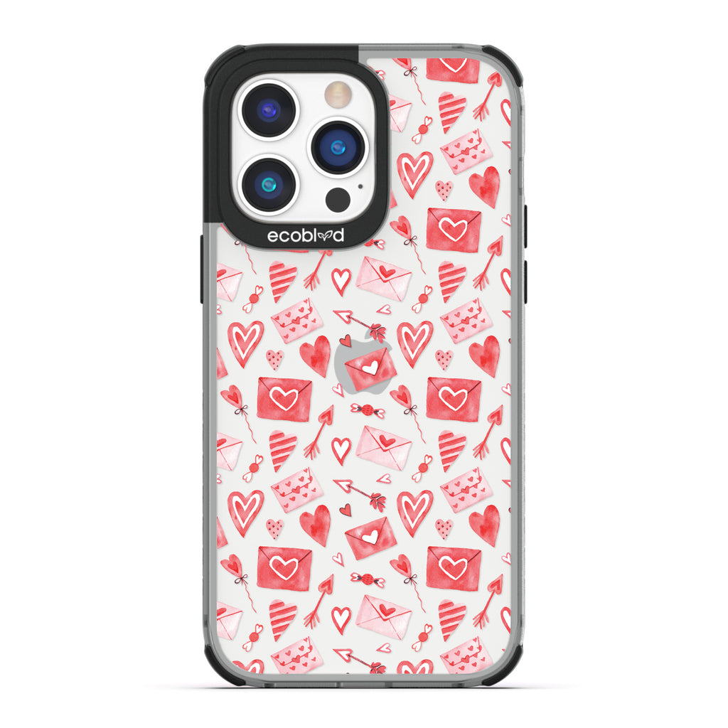 Love Collection - Black Compostable iPhone 14 Pro Case - Red & Pink Love Letter Envelopes, Hearts & Arrows On Clear Back