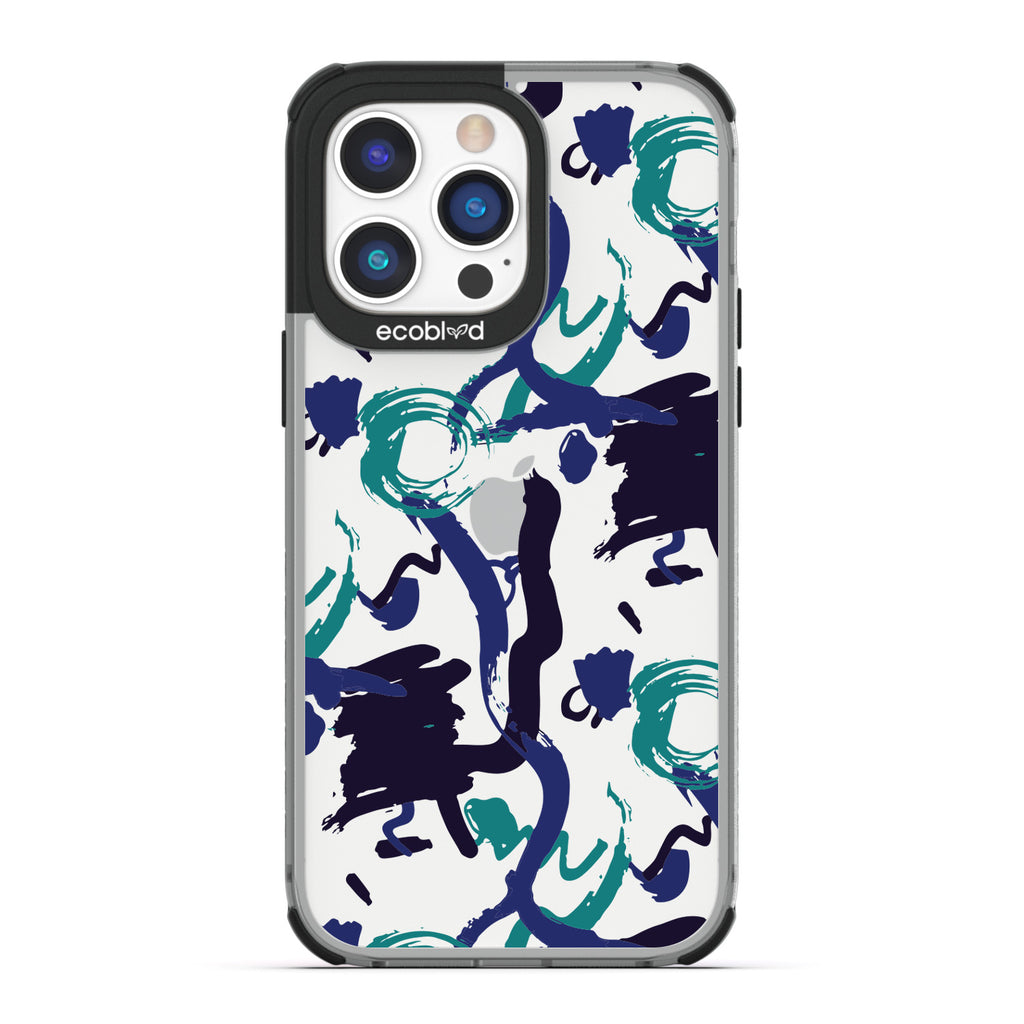 Contemporary Collection - Black Compostable iPhone 14 Pro Max Case - Blue, Black, Teal Abstract Paint Swirl On A Clear Back