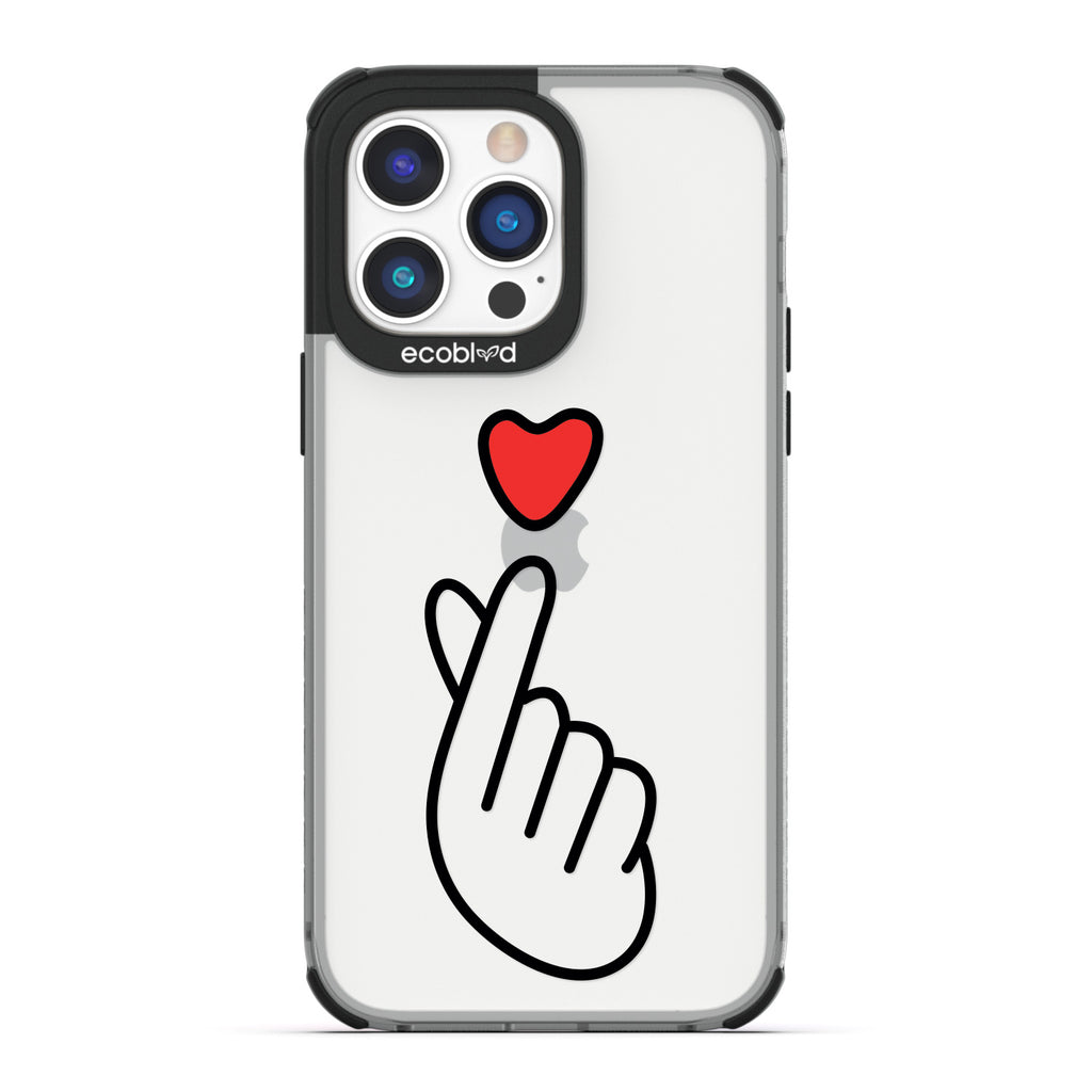 Love Collection - Black iPhone 14 Pro Case - Red Heart Above Hand With Index Finger & Thumb Crossed On Clear Back