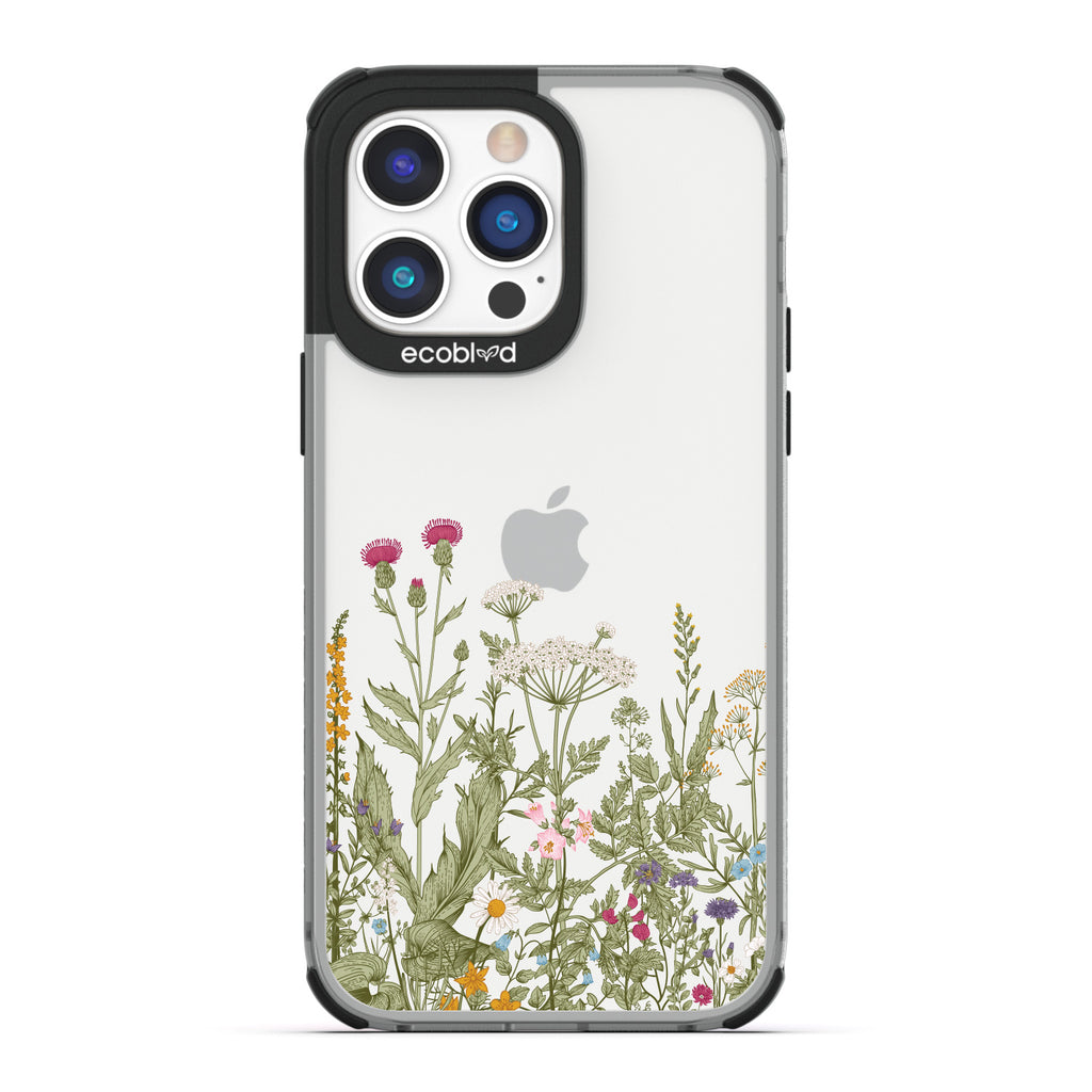 Spring Collection - Black Compostable iPhone 14 Pro Case - Wild Herbs & Flowers Botanical Herbarium On A Clear Back