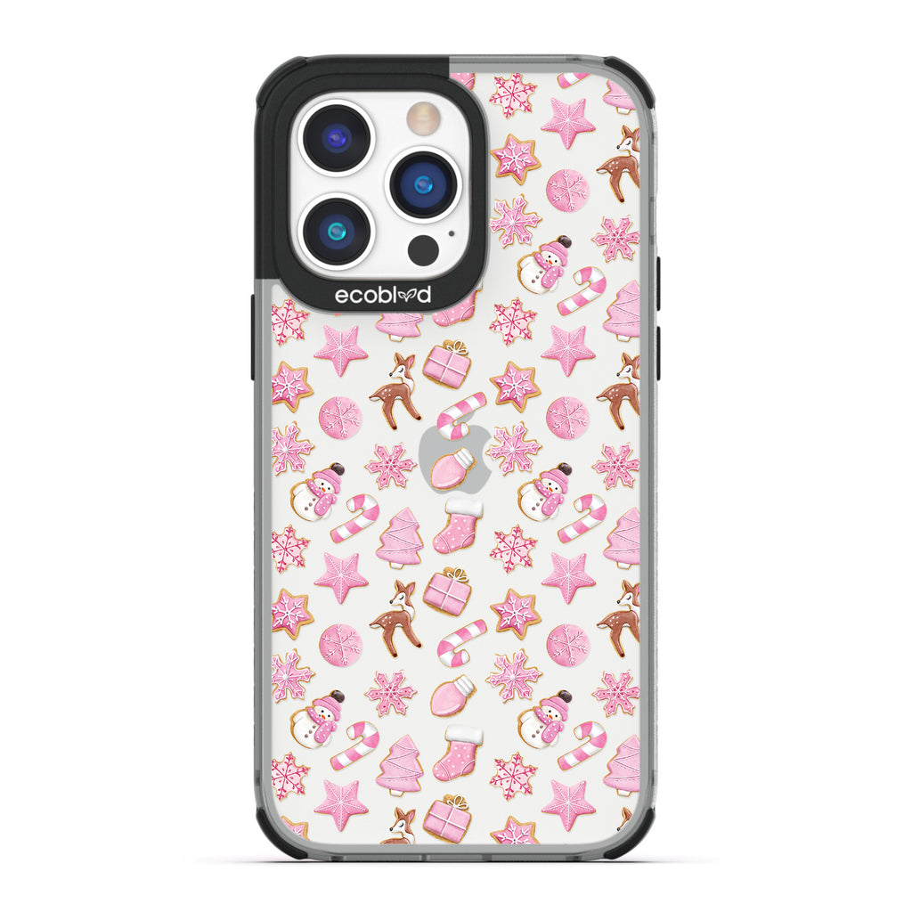 Winter Collection - Black Laguna Eco-Friendly iPhone 14 Pro Case With Various Pink Holiday-Themed Cookies On A Clear Back