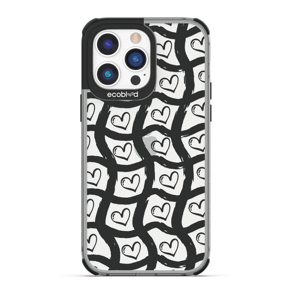 Love Collection - Black Compostable iPhone 14 Pro Case - Wavy Paint Stroke Checker Print With Hearts On A Clear Back