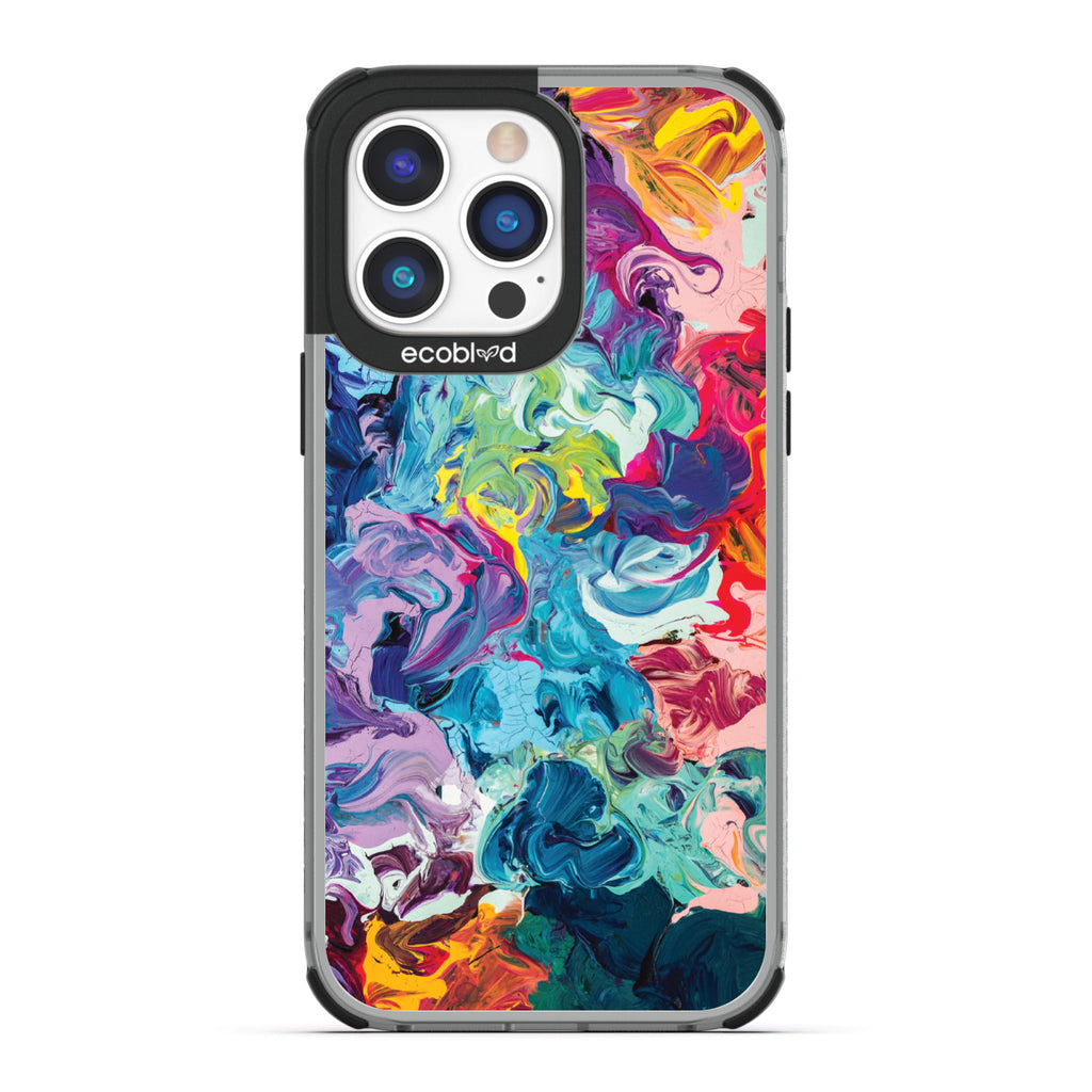 Contemporary Collection - Black Compostable iPhone 14 Pro Case - Abstract Colorful Oil Painting On A Clear Back