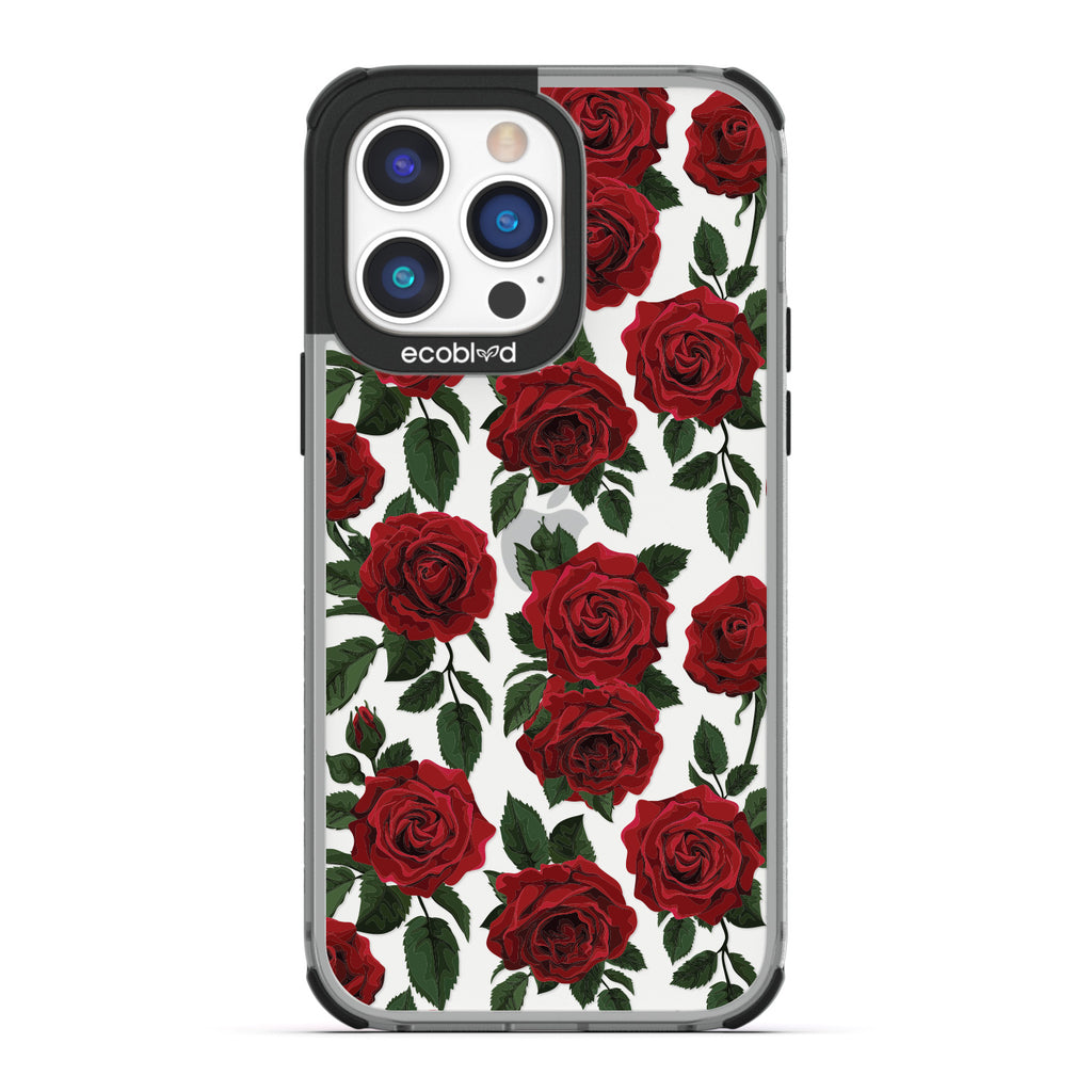 Love Collection - Black Compostable iPhone 14 Pro Case - Red Roses & Leaves On A Clear Back