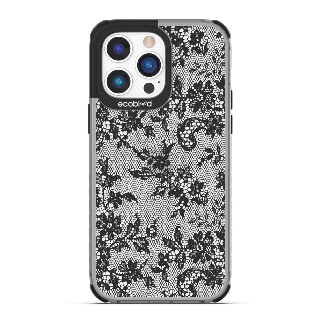Spring Collection - Black Compostable iPhone 14 Pro Case - French Chantilly Floral Lace Trim On Clear Back