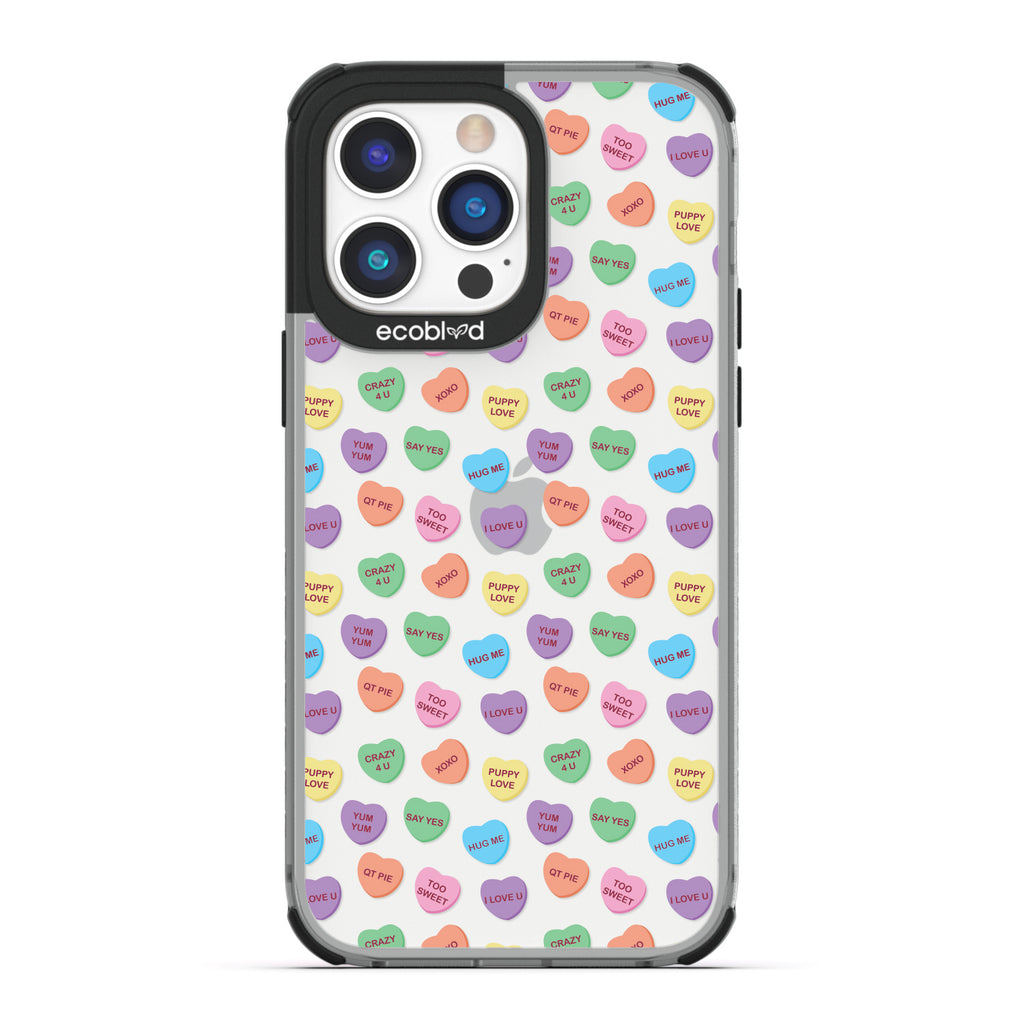 Love Collection - Black Compostable iPhone 14 Pro Case - Pastel Candy Hearts With Romantic Quotes On A Clear Back