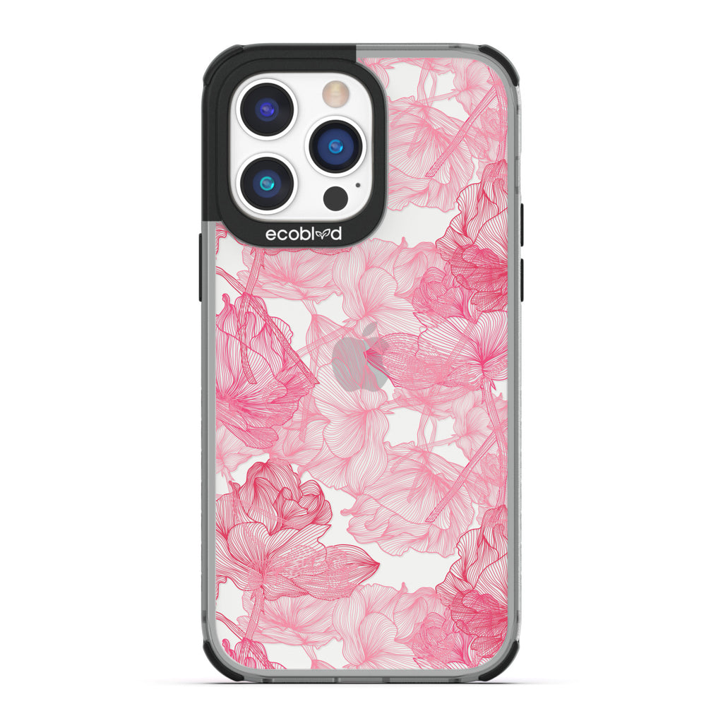 Blushed Pink - Black Compostable iPhone 14 Pro Max Case - Pink Line Art Style Roses On A Clear Back