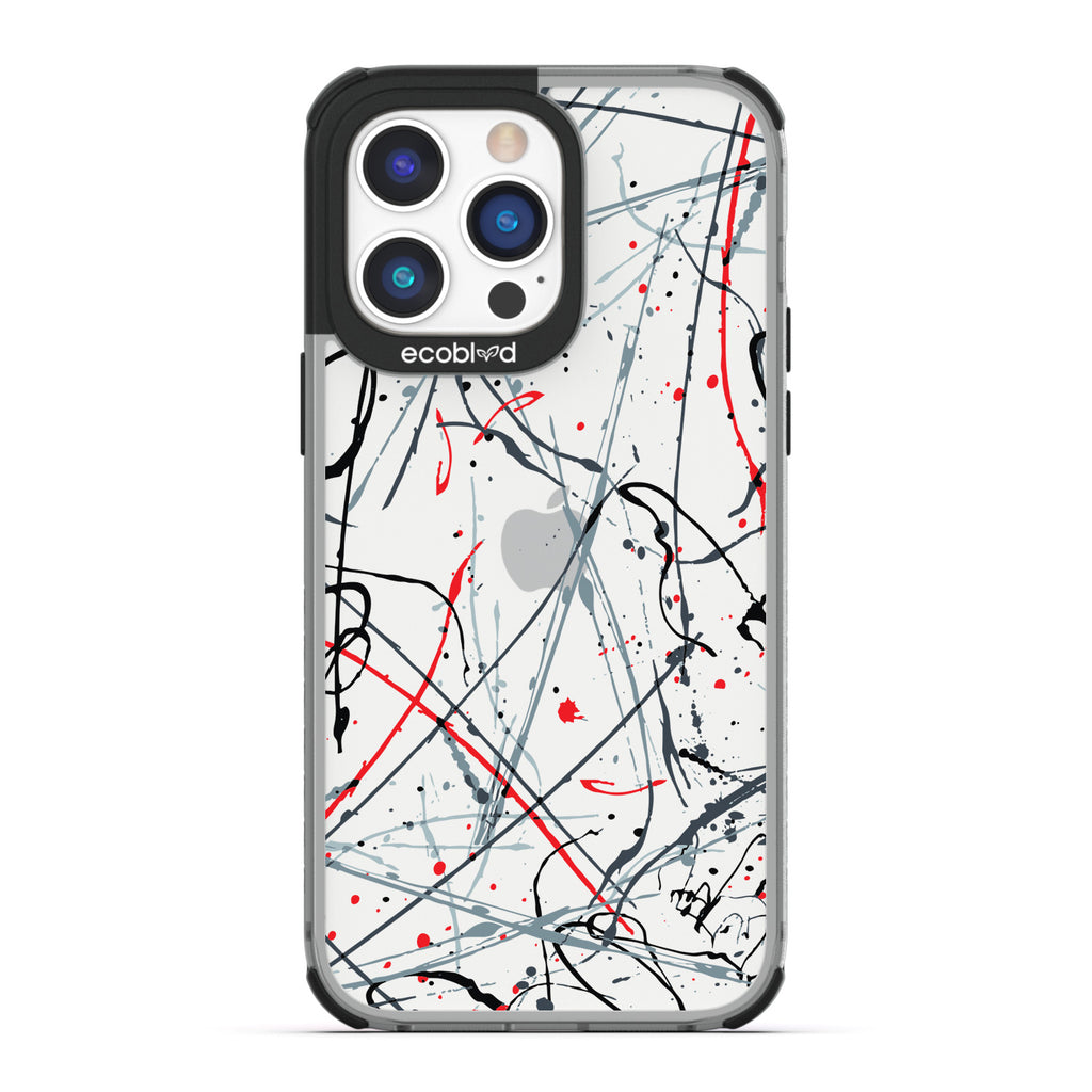 Contemporary Collection - Black Compostable iPhone 14 Pro Max Case - Black & Red Paint Splatter On A Clear Back