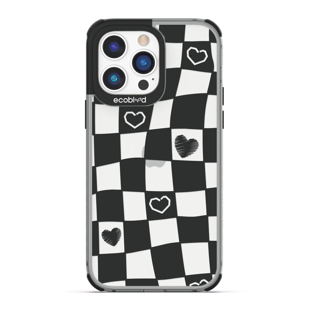 Love Collection - Black Compostable iPhone 14 Pro Case - Wavy Checkered Print & Scribbled Hearts On A Clear Back