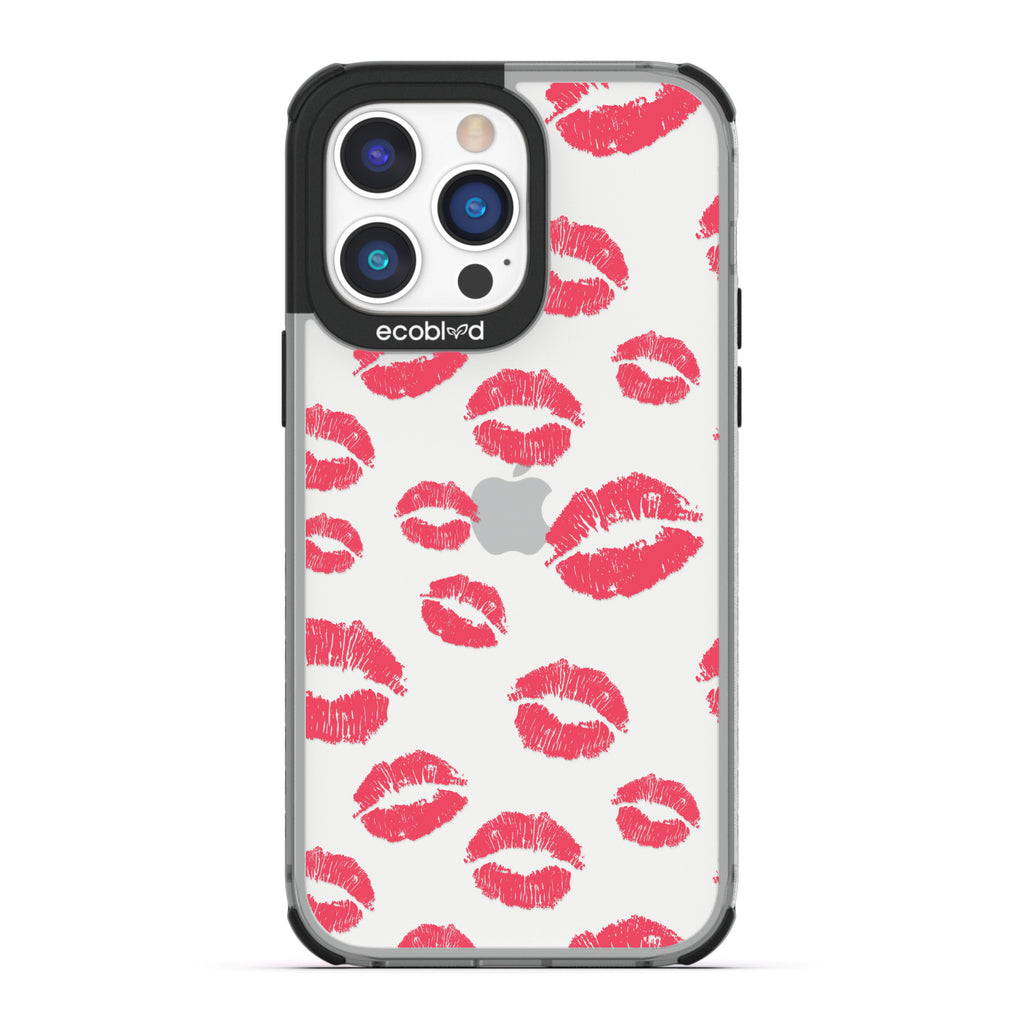 Bisou - Black Compostable iPhone 14 Pro Case - Multiple Red Lipstick Kisses On A Clear Back