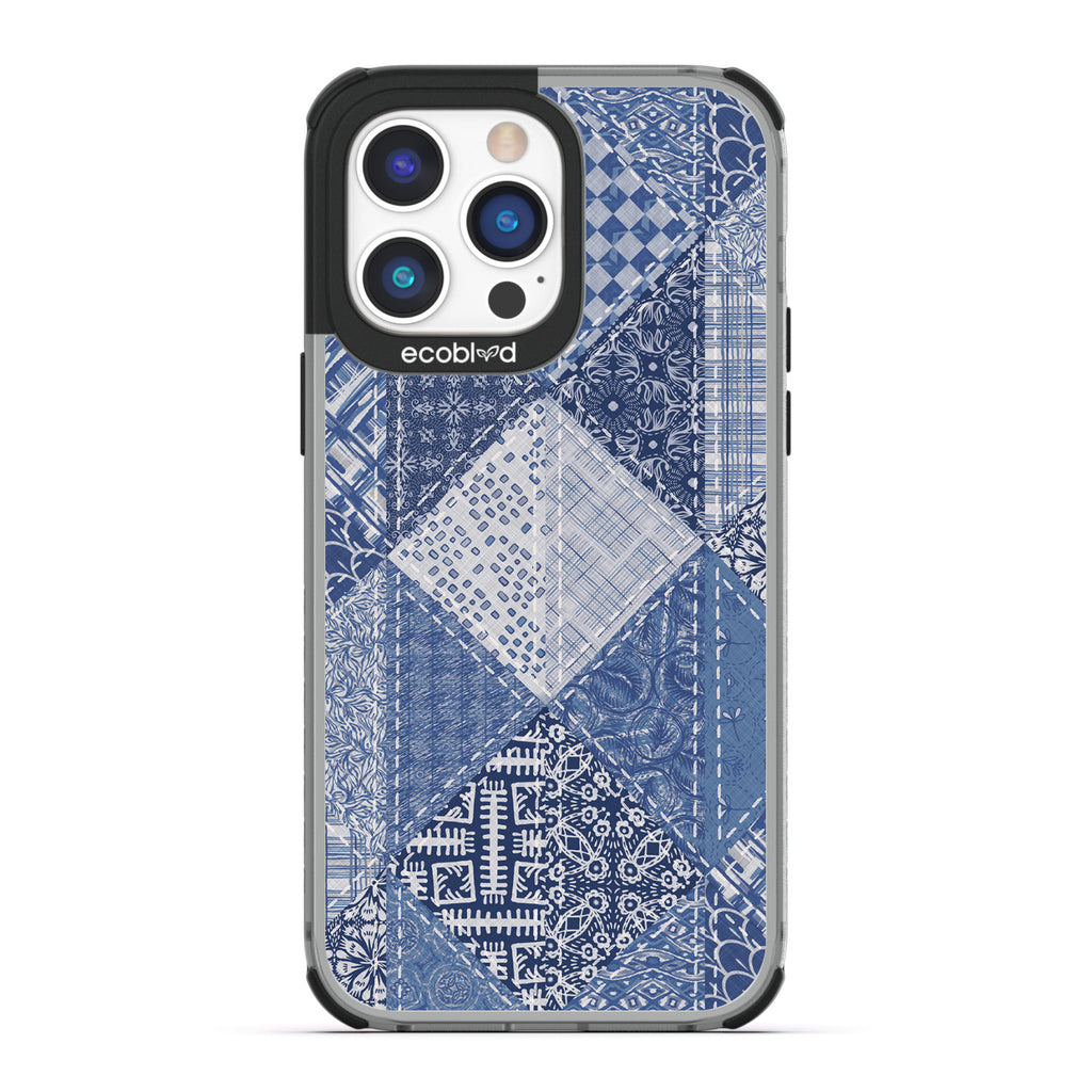 Spring Collection - Black Compostable iPhone 14 Pro Case - Patchwork Blue Denim With Paisley Patches On A Clear Back