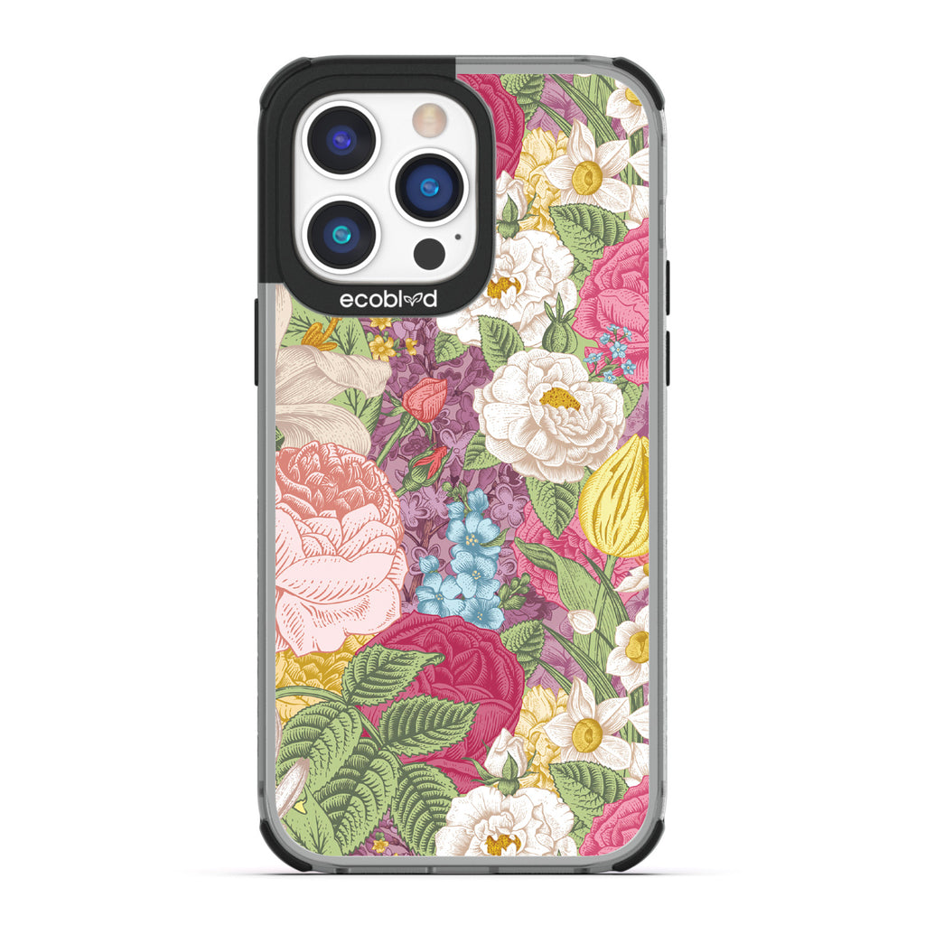 Timeless Collection - Black Laguna Compostable iPhone 14 Pro Case With A Bright Watercolor Floral Arrangement Print