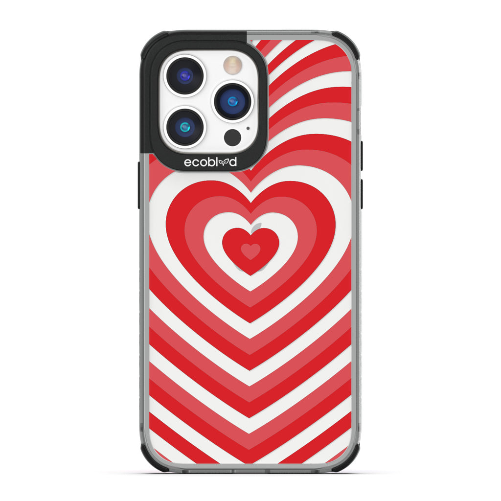 Love Collection - Black Compostable iPhone 14 Pro Case - A Red Heart Gradually Growing Larger On A Clear Back