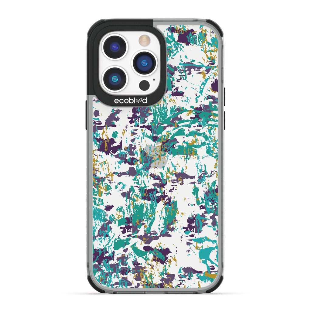Paint The Town Contemporary Collection - Black Compostable iPhone 14 Pro Case - Abstract Expressionist Paint Splatter On A Clear Back