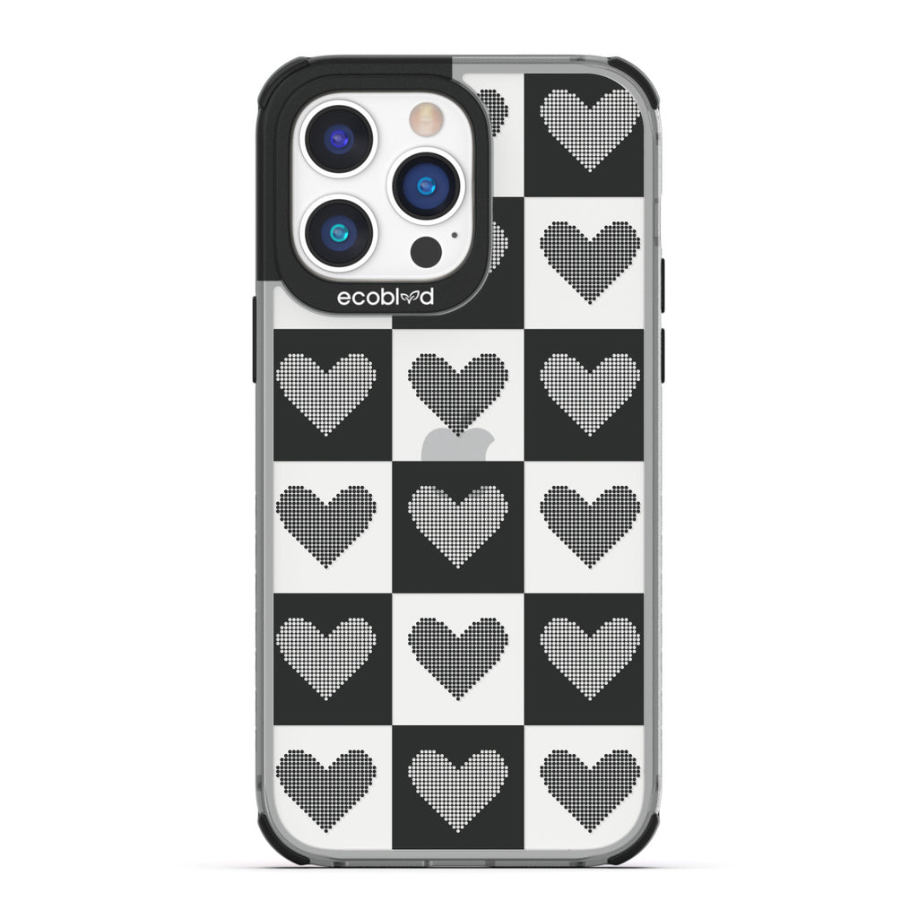 Love Collection - Black Compostable iPhone 14 Pro Case - Black Checkered Print With Knitted Hearts On A Clear Back