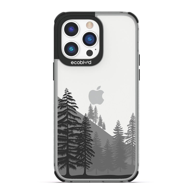 Laguna Collection - Black Eco-Friendly iPhone 14 Pro Case With A Minimalist Pine Tree Forest On A Clear Back - Compostable