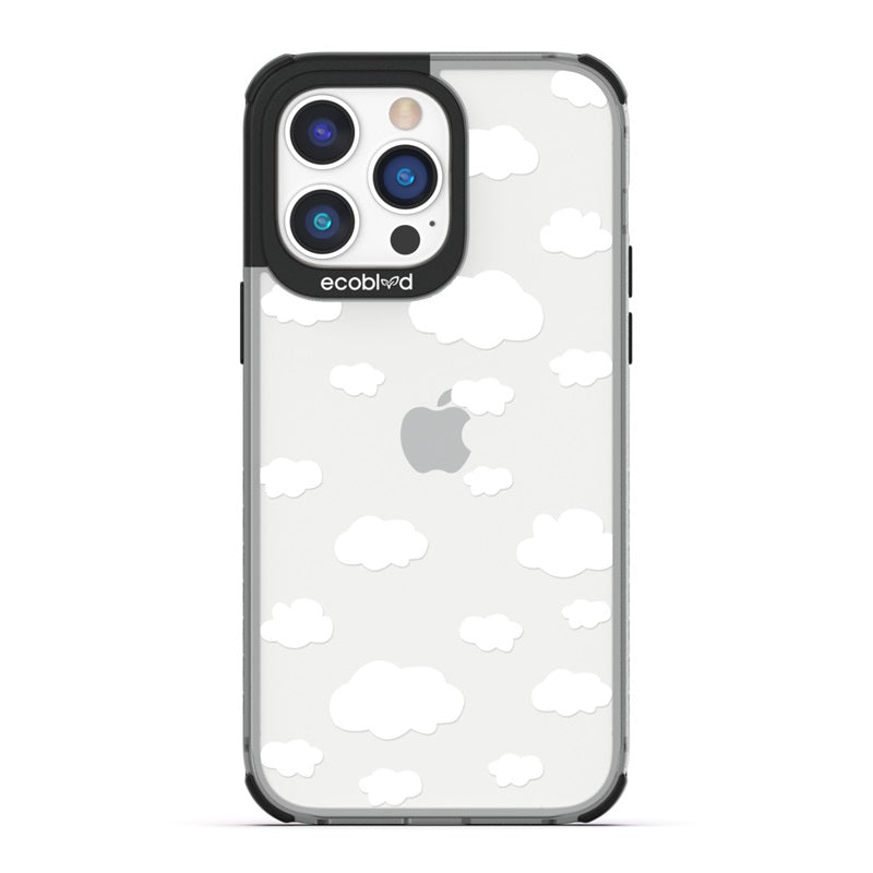 Laguna Collection - Black Eco-Friendly iPhone 14 Pro Case With A White Cartoon Clouds Print On A Clear Back - Compostable