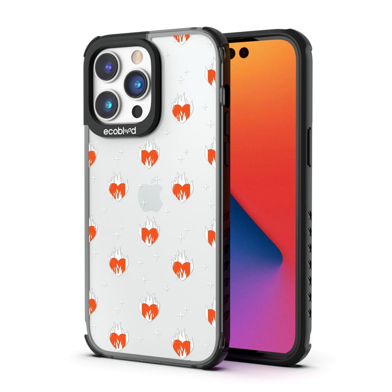 Back View Of The Black iPhone 14 Pro Laguna Case With Burning Hearts Design On A Clear Back And Front View Of The Screen