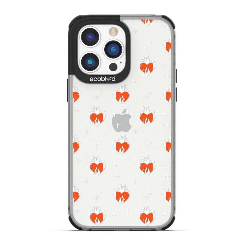 Laguna Collection - Black Eco-Friendly iPhone 14 Pro Case With A Flaming Red Hearts And Stars Pattern On A Clear Back