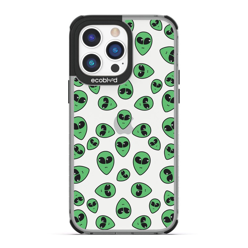 Laguna Collection - Black Eco-Friendly iPhone 14 Pro Case With Green Cartoon Alien Heads On A Clear Back - Compostable