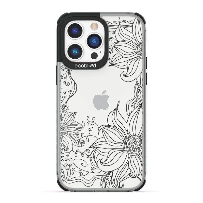 Laguna Collection - Black Eco-Friendly iPhone 14 Pro Case With Sunflower Stencil Line Art On A Clear Back - Compostable