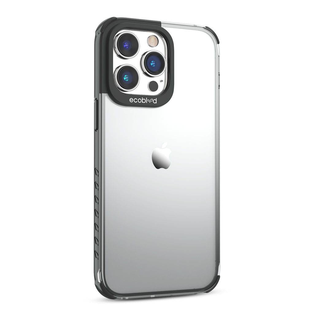 Right View Of Black Laguna Collection iPhone 14 Pro Case With A Clear Back Showing Raised Camera Ring & Non-Slip Grip