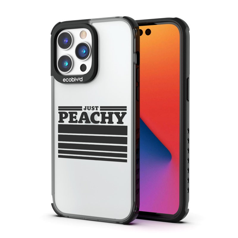Back View Of The Black Compostable iPhone 14 Pro Laguna Case With Just Peachy Design & Front View Of The Screen