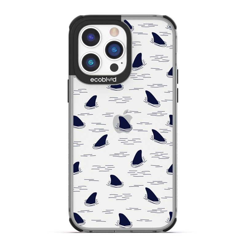 Laguna Collection - Black Eco-Friendly iPhone 14 Pro Case With Shark Fins Peeking From Water On A Clear Back - Compostable
