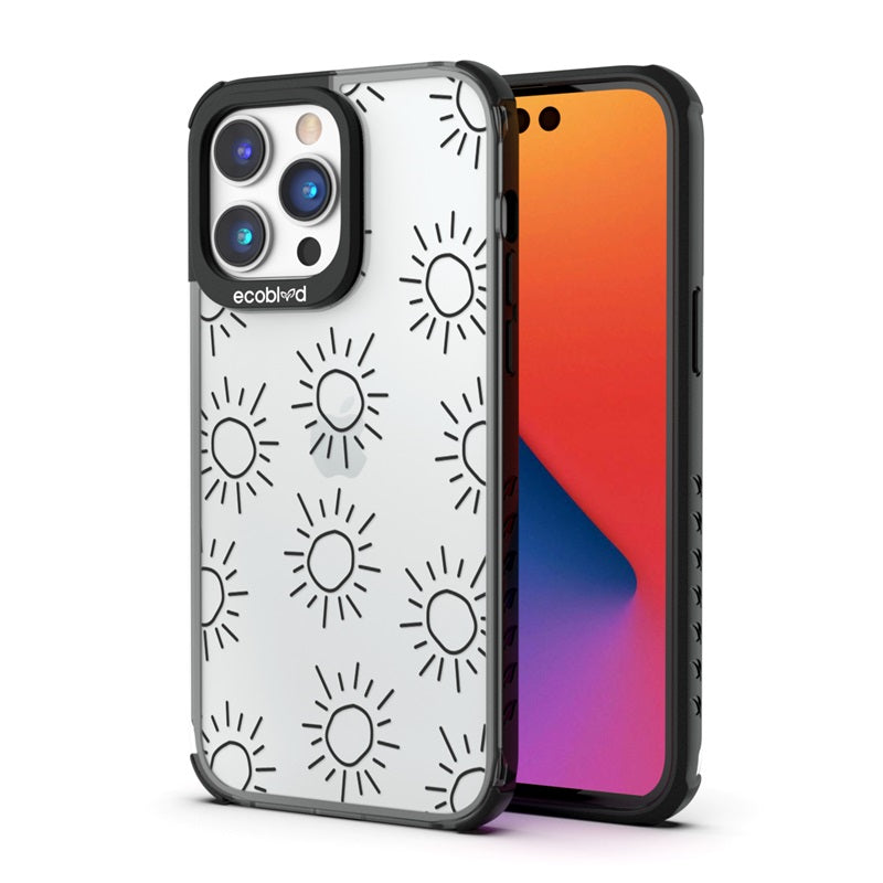 Back View Of The Black Eco-Friendly iPhone 14 Pro Laguna Case With Sun Design On A Clear Back And Front View Of The Screen