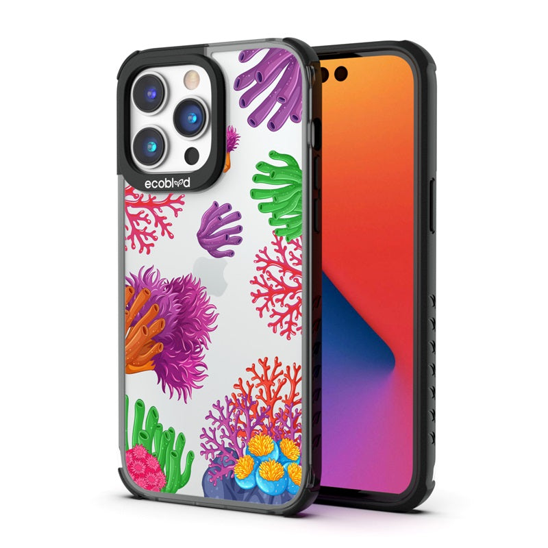 Back View Of Black Compostable iPhone 14 Pro Laguna Case With The Coral Reef Design & Front View Of The Screen