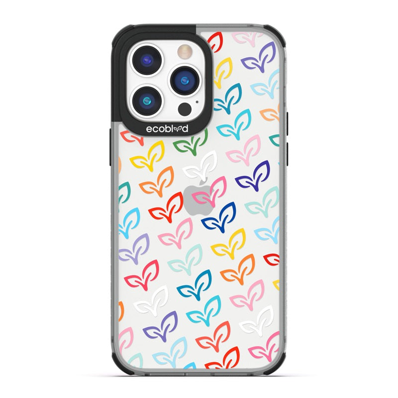 Laguna Collection - Black Eco-Friendly iPhone 14 Pro Case With A Colorful EcoBlvd V-Leaf Monogram Print On A Clear Back 
