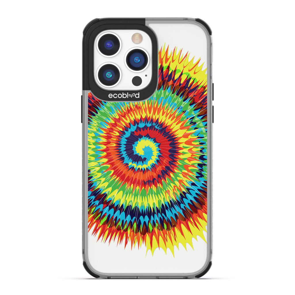 Laguna Collection - Black Eco-Friendly iPhone 14 Pro Case With A Retro Rainbow Tie Dye Print On A Clear Back