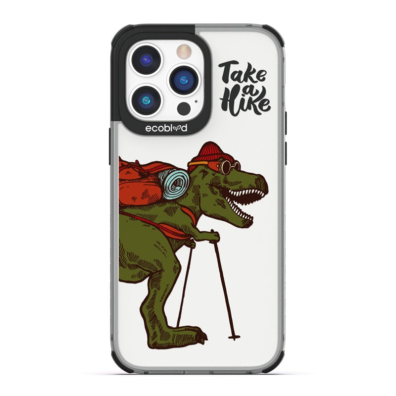 Laguna Collection - Black Eco-Friendly iPhone 14 Pro Case With A Trail-Ready T-Rex And Take A Hike Quote On A Clear Back 